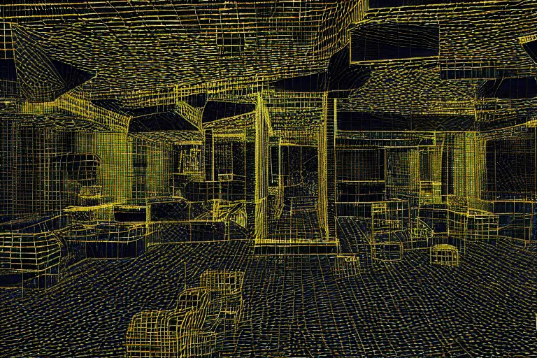 Prompt: cctv footage of the backrooms static, dark deep black shadows, molded yellow and black color contrast in the style of trevor henderson and james ensor goya, liminal space, 3 d render, glitch effect
