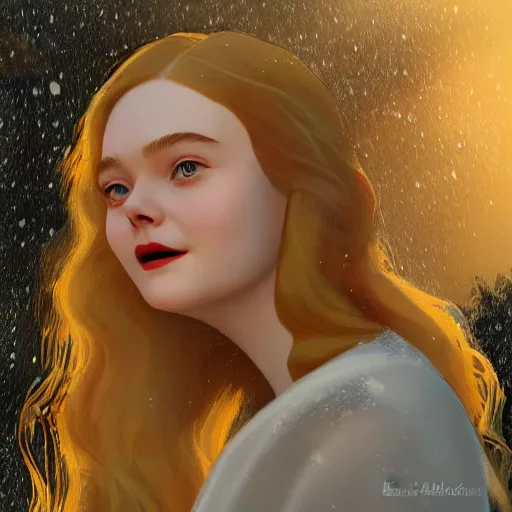 Image similar to Elle Fanning, head and shoulders masterpiece, in the snow, golden hour, in a garden, artstation, in the style of Art Deco and Fernando Botera and Bosch, extremely detailed