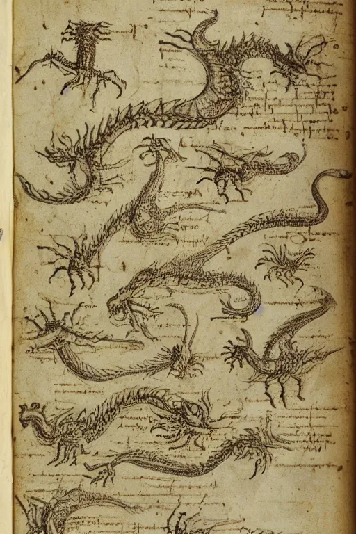Prompt: manuscript page with diagrams of dragons by leonardo da vinci, sketches, scientific studies, anatomy studies, academic art, intricate