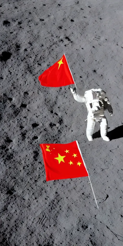 Prompt: lunar module, lunar surface, chinese national flag, astronauts salute, backlight.