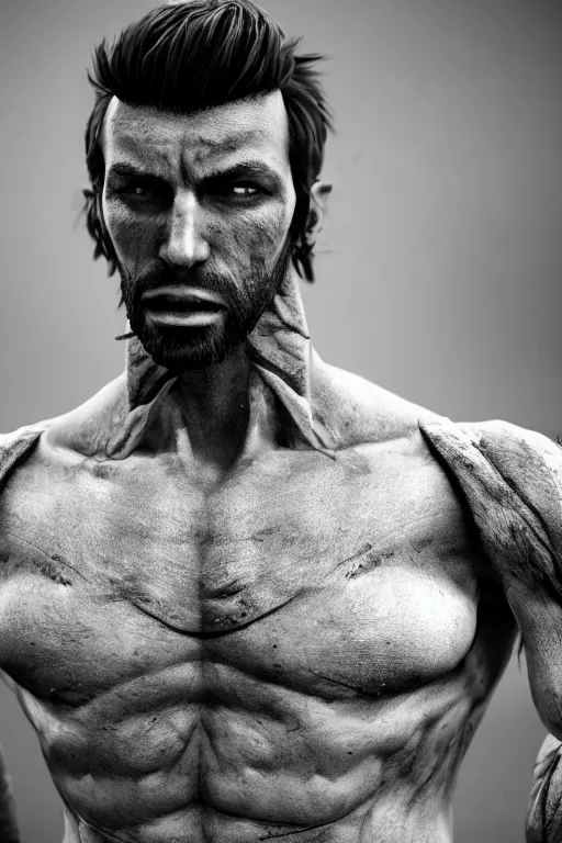Image similar to a single muscular man wearing torn clothes, looking to the right, profile picture, hyperrealistic, concept art, octane render, unreal engine 5, trending on artstation, high quality, highly detailed, 8 k, dramatic lighting, cinematic, high coherence, anatomically correct, five fingers, digital art, seductive, black and white, big beard, epic