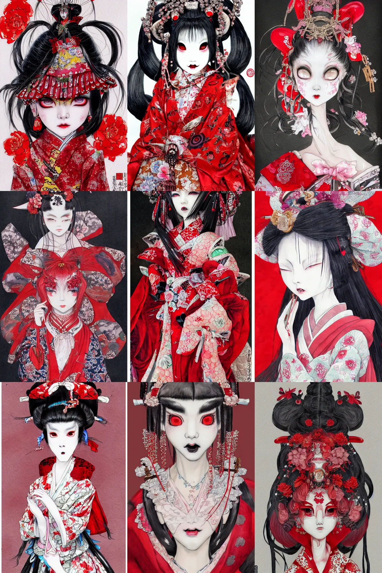 Prompt: watercolor painting of a japanese bjd geisha oni demon with a long neck in a victorian lolita fashion red dress in the style of dark - fantasy painted by yoshitaka amano, tooth wu, ayami kojima, dmt art, symmetrical vogue face portrait, intricate detail, artstation, cgsociety, artgerm, rococo