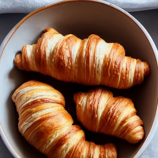 Prompt: croissants in a ceramic bowl
