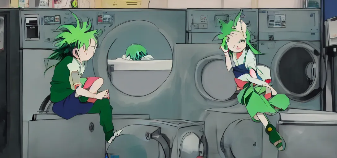 Prompt: a girl with green hair sitting on top of a washing machine inside of a laundromat by Hayao Miyazaki, anime style