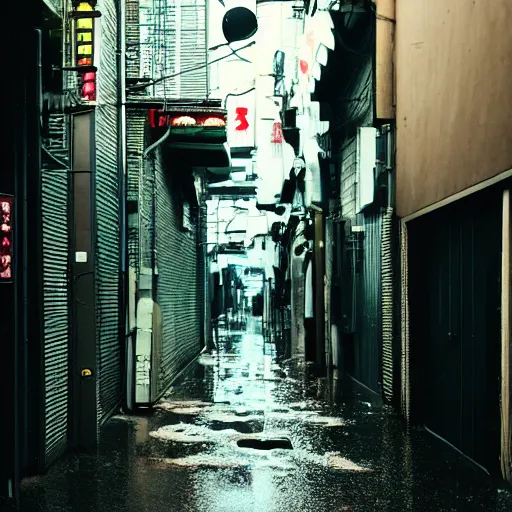 Image similar to a rainy cyuberpunk neo tokyo alley with a black cat sleeping on a piece of cardboard on the floor, photo, 4 k