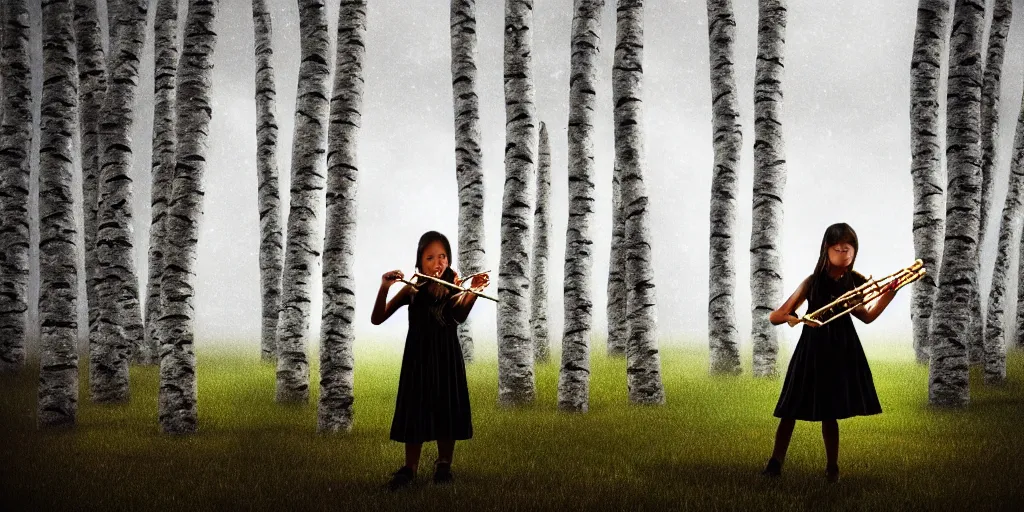 Prompt: young girl playing flute in the middle of a birch forest during a storm at night while lightning dragons race down toward her