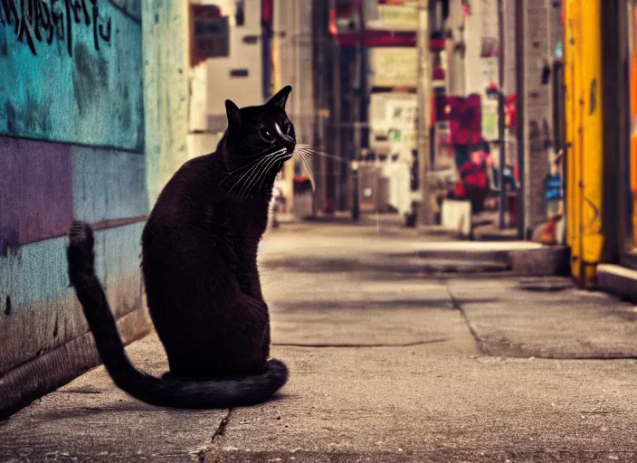 Image similar to photography of a Cat sitting on a box. in a cyberpunk street, award winning photo, colors, 100mm, sharp, high res