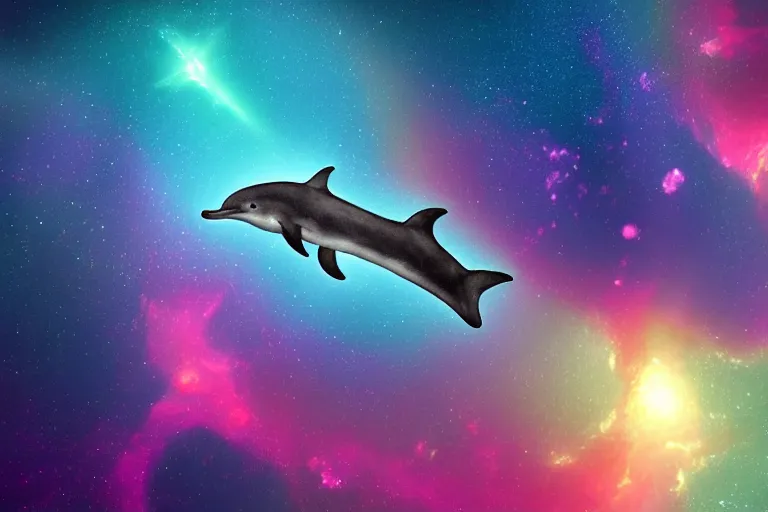 Prompt: a bioluminescent dolphin swimming through a space nebula leaving stardust trails, digital art, photorealistic