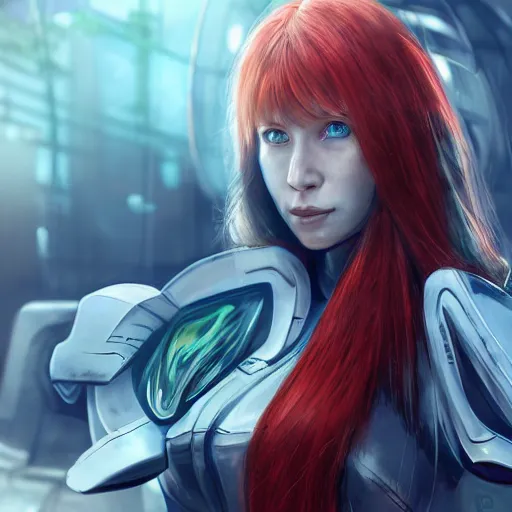 Image similar to red haired girl, warframe armor, beautiful, dreamy, pretty face, blue eyes, portrait, bright light, scifi, utopian architecture in the background, laboratory, 4 k, high definition, ultra realistic, aura of light, cinematic, extreme details, focused, masterpiece, art by akihito tsukushi, akasuki brightmind