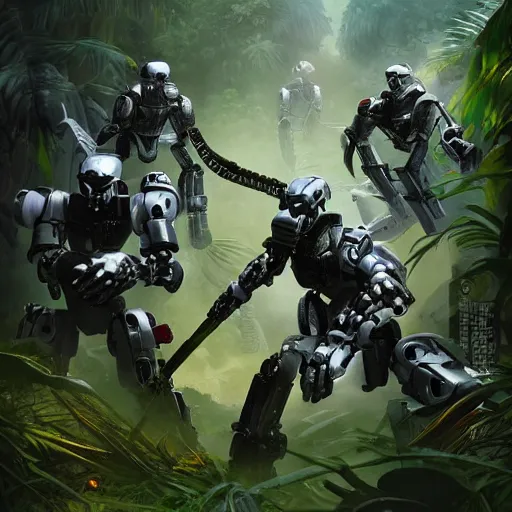 Prompt: Ragtag militia fighting advanced humanoid combat robots in a jungle in 2020, combat photography by Feng Zhu, highly detailed, excellent composition, cinematic concept art, dramatic lighting, trending on ArtStation