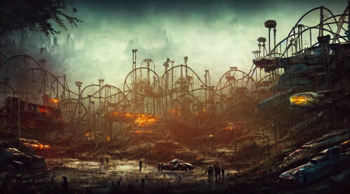 Prompt: post apocalyptic theme park park, by pascal blanche, neil blevins, apocalyptic color palette, trending on artstation, photorealistic, wilderness ambiance, ultra detailed, high definition, depth of field, bokeh, rubble,