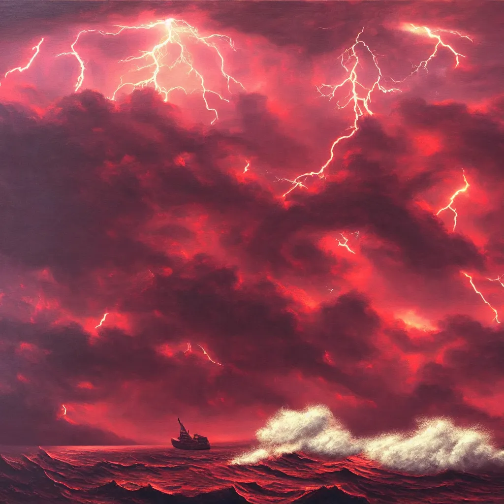 Image similar to a fantasy landscape. subject : giant dark red kraken, stormy sea, giant waves, lightning in the background, small boat, oil painting, 4 k