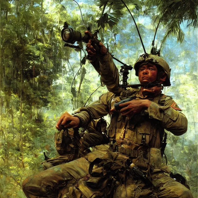 Image similar to portrait of a us soldier, vietnam war, majestic, posing into helicopter, above the jungle, fine art portrait painting, strong light, clair obscur, by caravaggio, by gaston bussiere, craig mullins