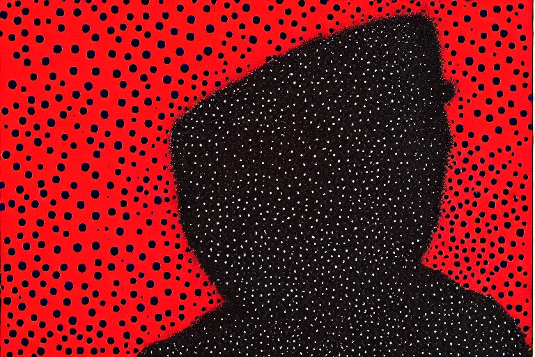 Image similar to face made out of mist, faceless people dark, dots, drip, stipple, pointillism, technical, abstract, minimal, style of francis bacon, asymmetry, pulled apart, cloak, hooded figure, made of dots, abstract, balaclava, red dots