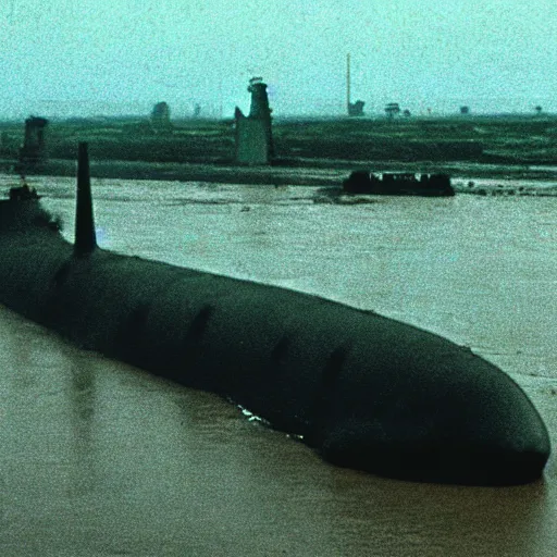 Image similar to film still, close up, nuclear submarine rising out of muddy vietnam river, face covered in mud, low camera angle at water level, night time, film still from apocalypse now ( 1 9 7 9 ), 2 6 mm,