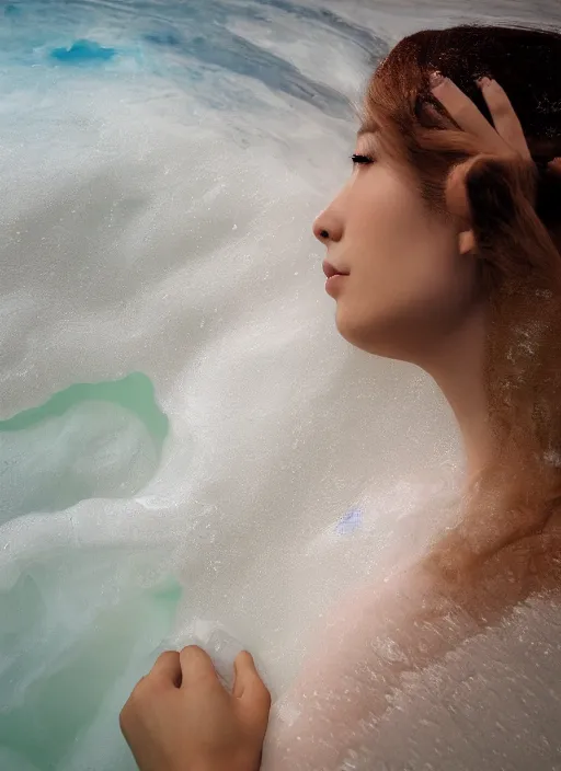 Image similar to Kodak Portra 400, 8K, soft light, volumetric lighting, highly detailed, Kasumi Arimura style 3/4 ,portrait photo of Japanese Goddess, the face emerges from Pamukkale, thermal waters flowing down white travertine terraces, inspired by Ophelia paint , a beautiful luxurious celestial suit and hair are intricate with highly detailed realistic beautiful flowers , Realistic, Refined, Highly Detailed, ethereal outdoor pastel lighting colors scheme, outdoor fine art photography, Hyper realistic, photo realistic