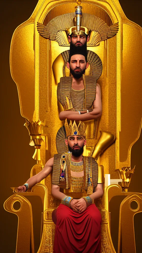 Prompt: egyptian king wearing golden crown sitting on the throne, visual novel, cinematic, dramatic, portrait, dslr, perspective, 1 6 k, soft lighting, volumetric lighting, beautiful lighting, ray tracing reflections