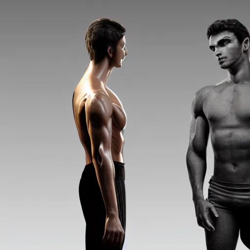 Image similar to a realistic detailed photo of a guy who is an attractive humanoid who is half robot and half humanoid, who is a male android, attractive and handsome latin jogger, shiny skin, posing like a statue, blank stare, in a gym, on display, showing off his muscles, wearing gym shorts, side view, looking at each other mindlessly