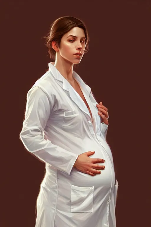 Image similar to anthony fauci!, pregnant in a white lab coat, realistic portrait, symmetrical, highly detailed, digital painting, artstation, concept art, smooth, sharp focus, illustration, cinematic lighting, art by artgerm and greg rutkowski and alphonse mucha