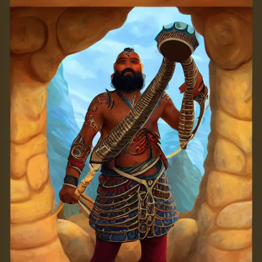 Prompt: Male Naga-Hashka (from D&D) bearded bard holding a drum, ornately dressed, standing in populated Baldur\'s Gate city square, hyperdetailed, artstation, cgsociety, 8k