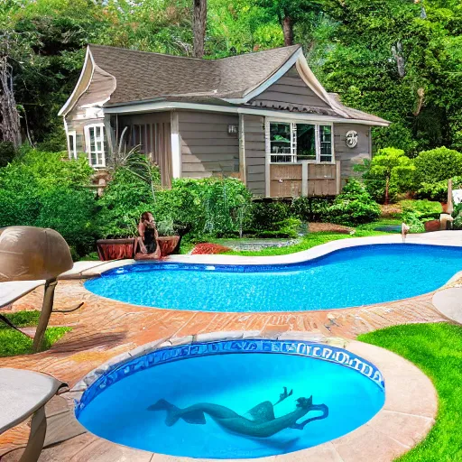 Prompt: a photo of the neighbors backyard with a swimming pool and a mermaid, photo realistic, award winning photo, detailed, 8k, hd
