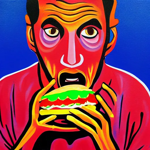 Prompt: psychedelic painting of a man eating a hamburger