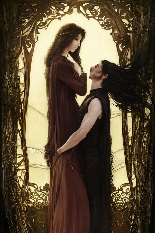 Prompt: romance Bookcover, a portrait of handsome young male vampire with long hair and his elegant beautiful dark bohemian wife, bored, illustration, dramatic lighting, soft details, painting oil on canvas, art nouveau, octane render, HDR, 4k, 8k, HD, by Edmund Blair Leighton, Brom, Charlie Bowater, trending on artstation, faces by Tom Bagshaw, Sargent