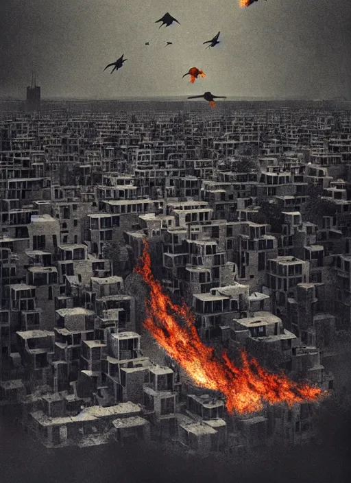 Image similar to city overgrowth on fire + a lone man + school of fish flying in the sky + (((habitat 67))), Mads Berg, Karolis Strautniekas, film noir, finely stippled light, dramatic lighting,editorial illustration, detailed,fine texture, matte print, dark blue + dark orange, red, black, extreme perspective