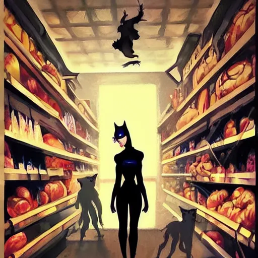 Prompt: catwoman silhouetted against the freezer case at the night grocery, surreal, in the style of artgerm, rossdraws, basquiat, oil painting, artstation, epic composition, award winning, rule of thirds, masterpiece! n 4