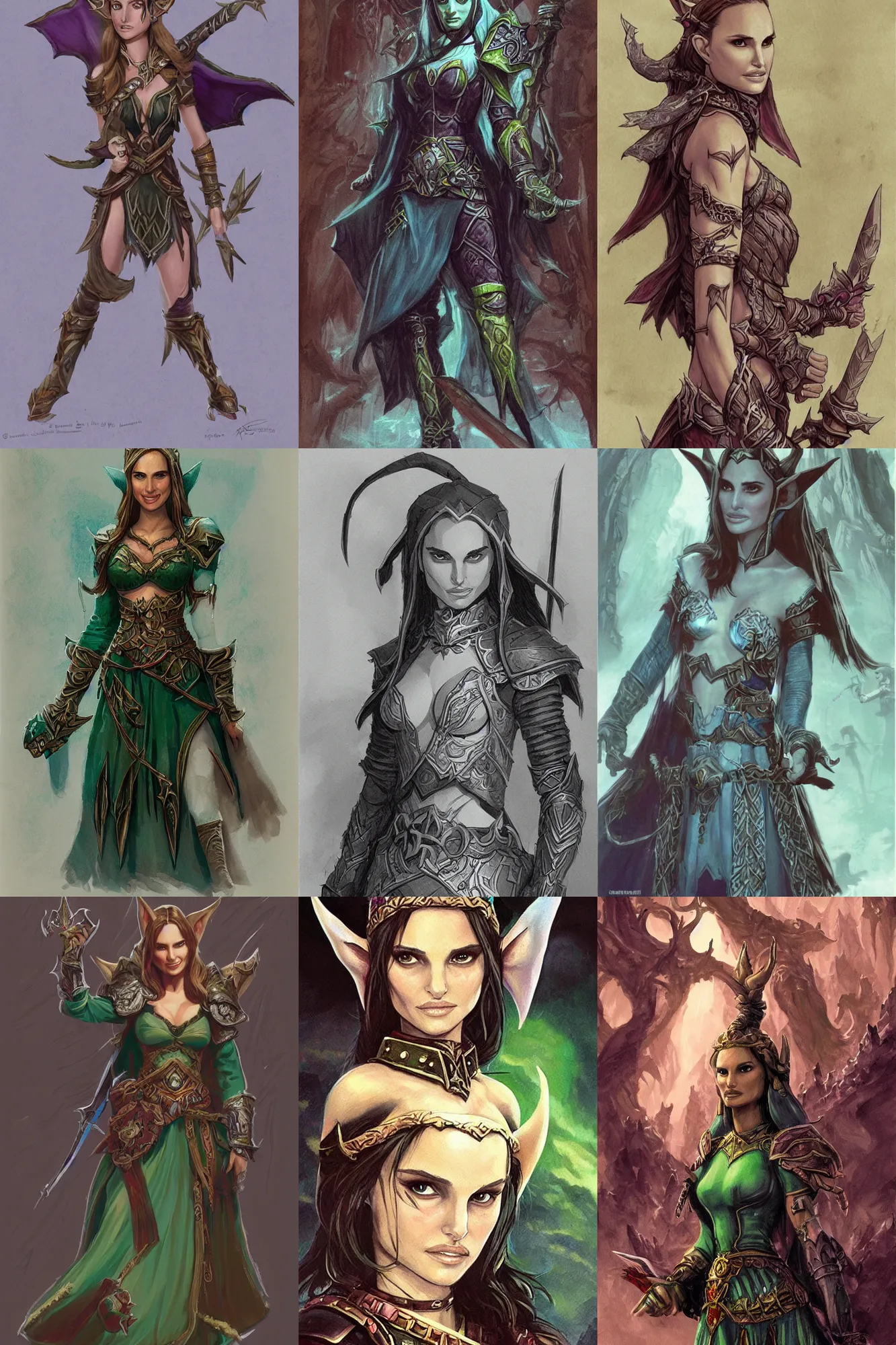 Prompt: concept art of Natalie Portman as a beautiful elf, Warcraft, D&D Dungeon Master's Guide, Copyright TSR 1989