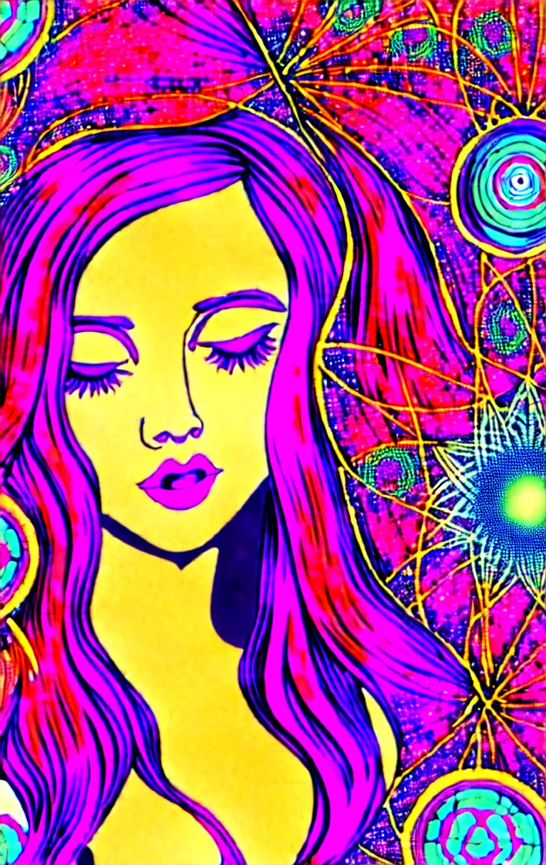 Image similar to beautiful hippie girl illustration, closeup in bikini over psychedelic sacred geometry hallucination