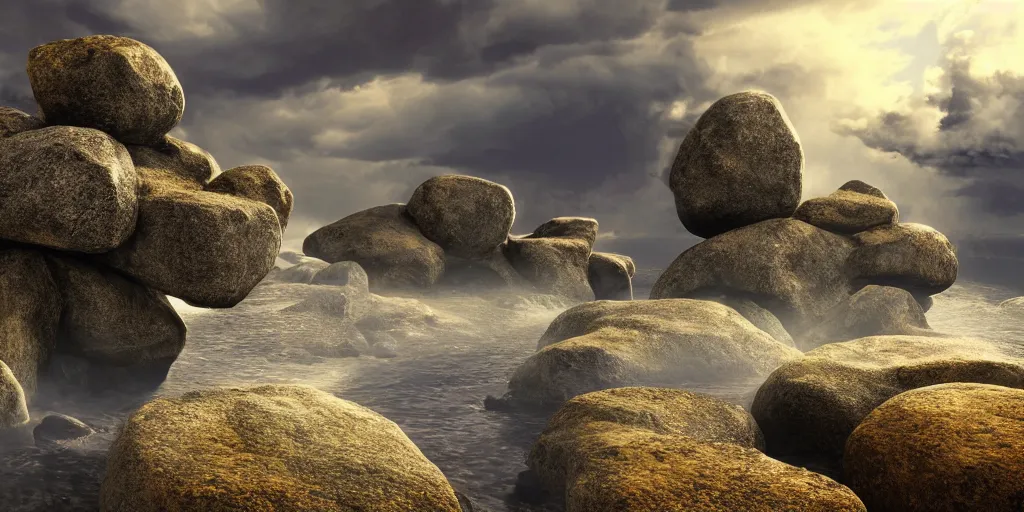 Prompt: Photorealistic epic landscape with magically floating rocks, with ominous storm clouds, strange levitating stones, stones falling from the sky, a gentle rising mist. photorealism, UHD, amazing depth, glowing, golden ratio, 3D octane cycle unreal engine 5, volumetric lighting, cinematic lighting, cgstation artstation concept art