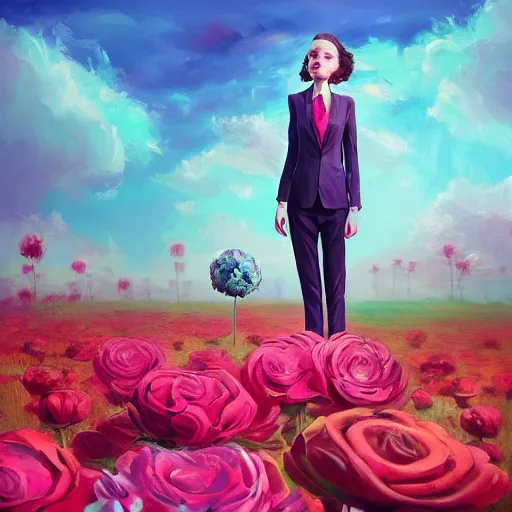 Image similar to giant rose flower head, frontal, girl in a suit, surreal photography, sunrise, dramatic light, impressionist painting, digital painting, artstation, simon stalenhag