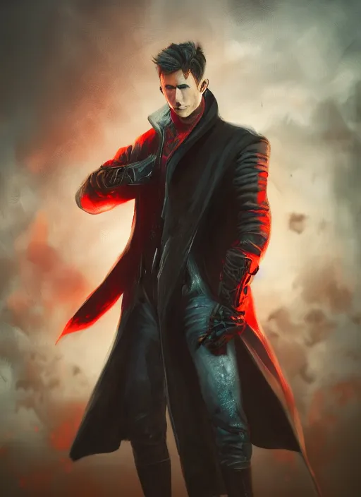 Image similar to An epic fantasy comic book style portrait painting of a young man with black cowlick haircut, wearing black overcoat, red clothes, blue jeans. Unreal 5, DAZ, hyperrealistic, octane render, cosplay, RPG portrait, dynamic lighting