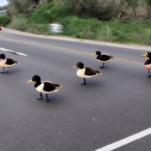 Prompt: 5 giant ducks chasing a man down the freeway