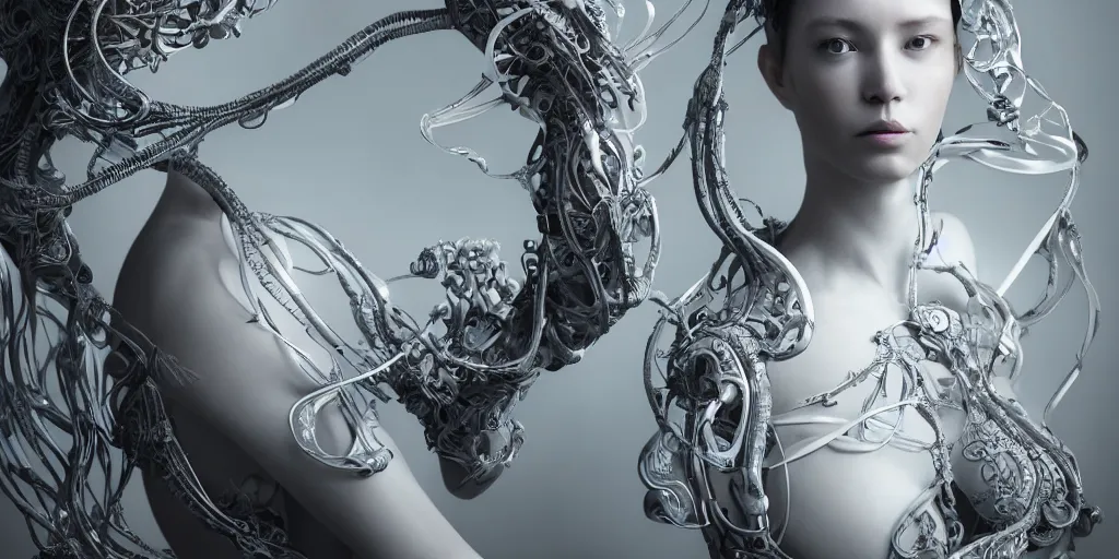 Image similar to hyper realistic photography of a stunningly beautiful cyborg female, plated arm, intimate, chest, holding close, ribbons, in the style of beth cavener, jin kagetsu,, and wlop, highly detailed, intricate filigree, symmetry, masterpiece, award winning, sharp focus, concept art, highkey lighting, ambient lighting, octane render, 8 k, artstation