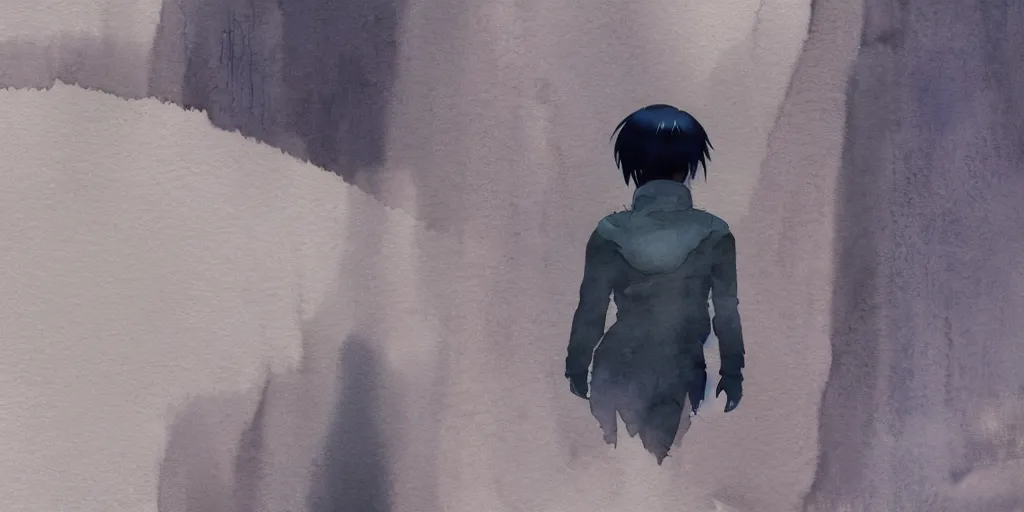 Image similar to incredible wide screenshot, ultrawide, simple watercolor, rough paper texture, ghost in the shell movie scene, backlit distant shot of girl in a parka