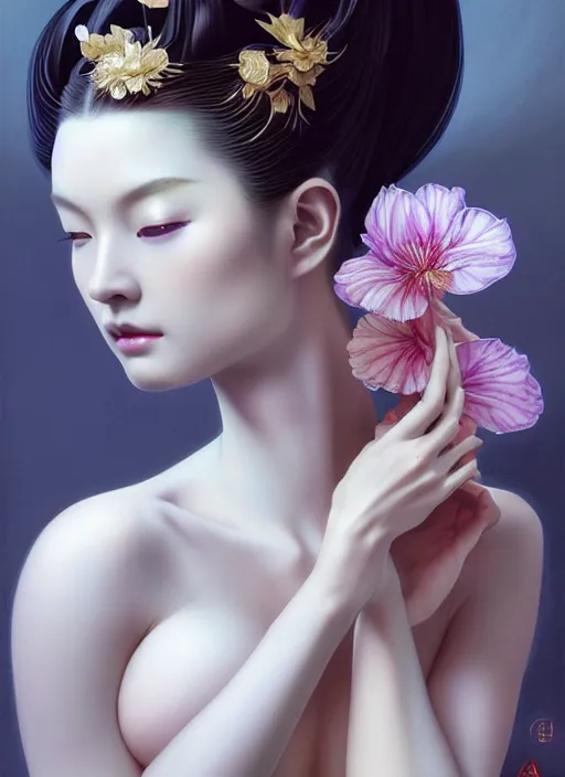 Image similar to organic seductive Geisha, pearlescent skin, diffuse lighting, fantasy, intricate, elegant pose, highly detailed, lifelike, photorealistic, digital painting, artstation, illustration, concept art, different point of view, smooth, sharp focus, art by John Collier and Albert Aublet and Leonardo da vinci and Moebius and Krenz Cushart and Artem Demura and Alphonse Mucha