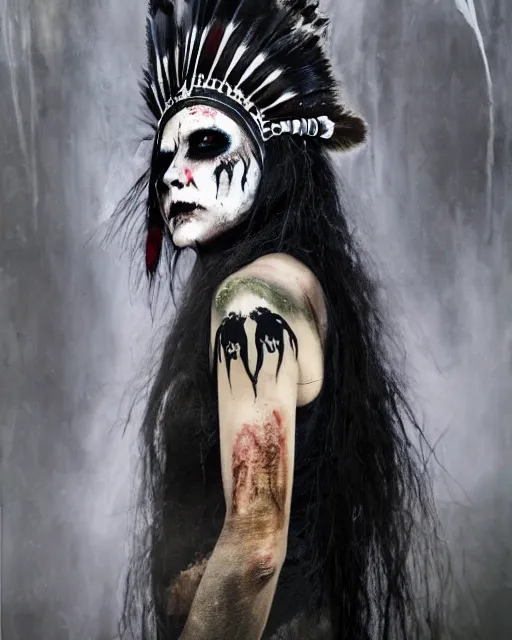 Image similar to lady native sisters ghost - spirit of the grim - warpaint wears the scarlet skull armor and native blood headdress feathers, midnight fog - mist!, dark oil painting colors, realism, cinematic lighting, various refining methods, micro macro autofocus, ultra definition, award winning photo, photograph by ghostwave - gammell - giger - shadowlord