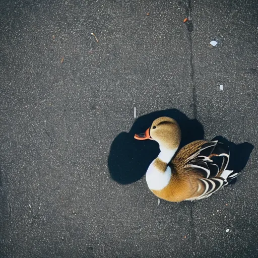 Prompt: A duck staring at a homeless person, cinematic, professional photography, taken from above