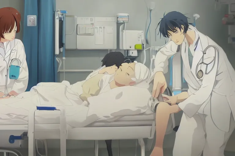 Image similar to a cute and beautiful young female doctor wearing white coat are taking care of a patient on a bed in a hospital ward, slice of life anime, anime scenery by Makoto shinkai