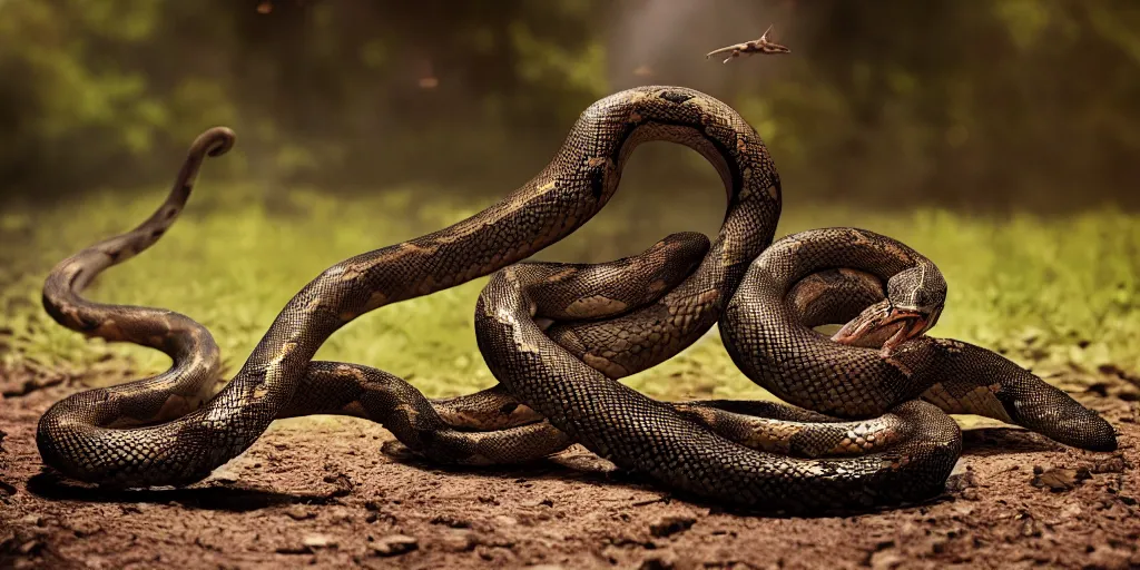 Image similar to A single Ryback fighting snakes outdoors, photorealistic, ultra hd, cinematic lighting, award-winning, 4k, leica sl2 30mm, beautiful color, high quality, high textured, lens flare