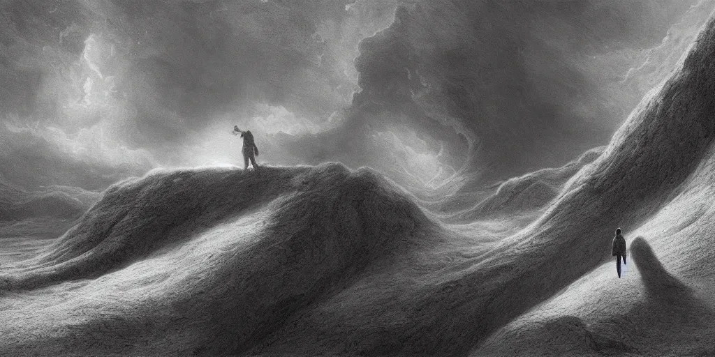 Prompt: Cinematic concept Art for film directed by Terrence Malick of a man standing in the beautiful salt planes in the style of Gustave Doré