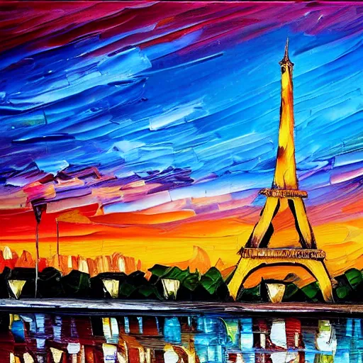 Image similar to palette knife oil painting of eiffel tower at dusk