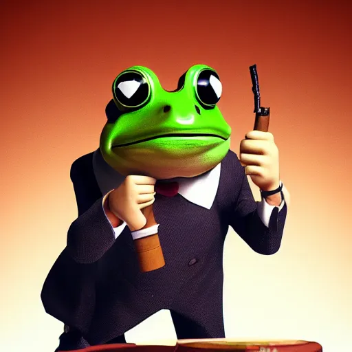 Image similar to a high quality photo of an antropomorphic frog wearing a suit smoking a cigar cigar cigar cigar, 3d scene, render, ultra realistic, artstation, cgsociety