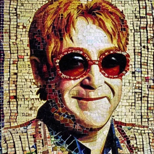 Image similar to elton john lennon in the ancient zeugma, but as an mosaic art. many small stones and nice level of details