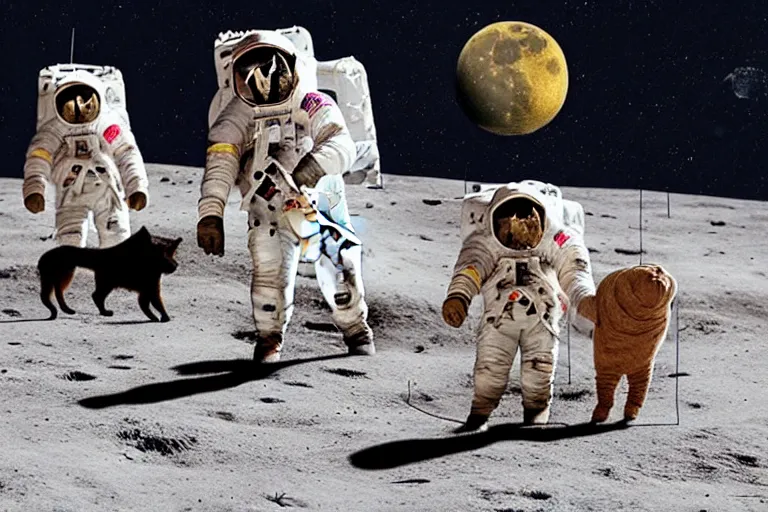 Image similar to 2 astronauts having a vacation in the moon with cats and dogs