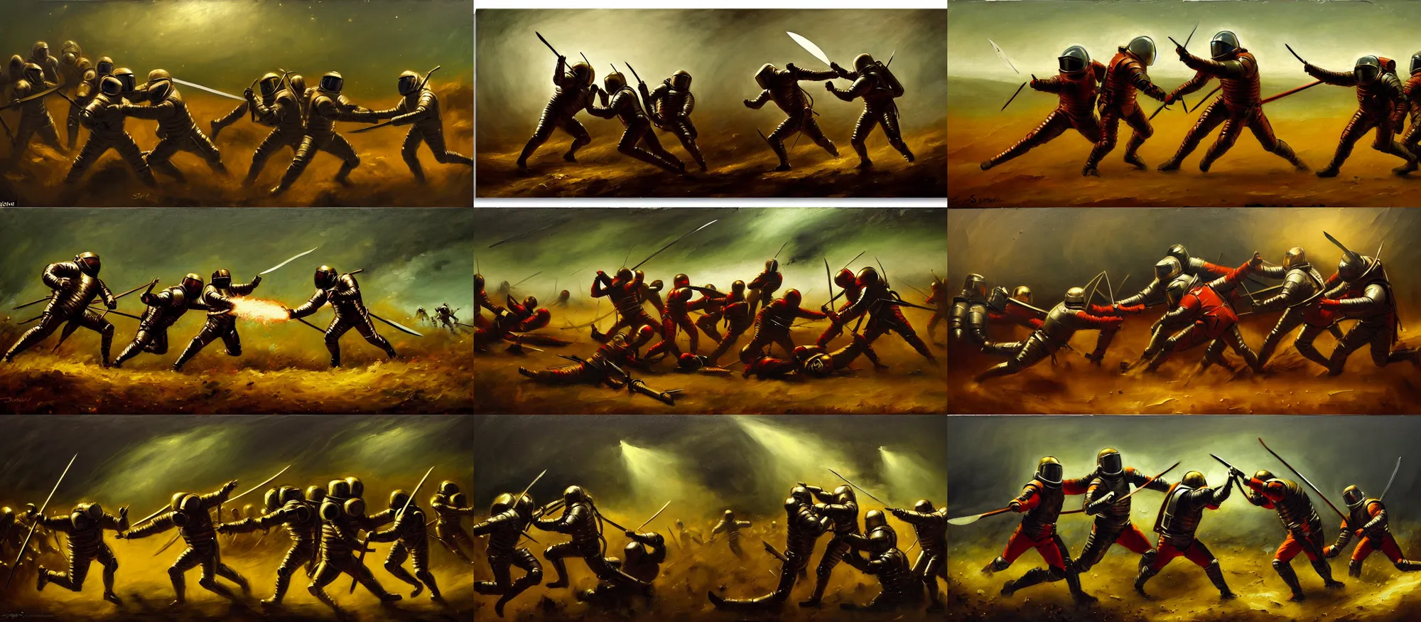 Prompt: battle scene, astronaut - knights fighting with machetes, lorica segmentata, luminism, tonalism, dramatic lighting, action scene, palette knife, frenetic brushwork, chiaroscuro, figurative art, detailed, proportions, spatter, dust, atmospheric, volumetric lighting, red iron oxide, raw sienna, sage green