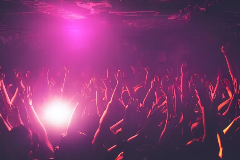 Prompt: crowd partying with their hands up at a club, volumetric lighting, haze, light beams, discoball, dj on stage with raised hands, silhouette, digital art, trending on artstation, 4k, unreal engine, intricate, ornate