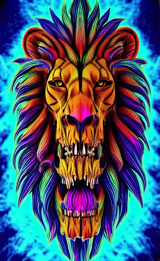 Image similar to highly detailed photo of psychedelic lion skull in the style of Greg Rutswoski, concept art, 8K detail post-processing